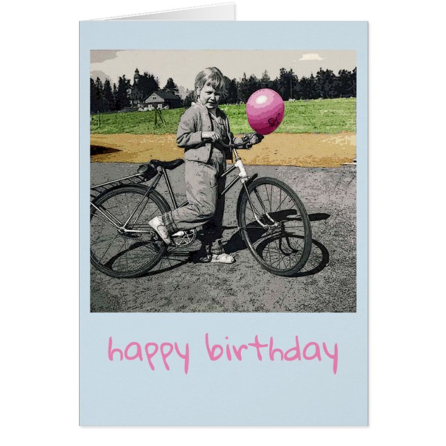 Tarjeta de cumpleaños del chica y de la bicicleta (Frente)