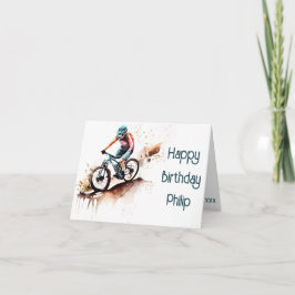 Tarjeta de cumpleaños del ciclista MTB verde azula