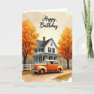Tarjeta de cumpleaños del coche de otoño