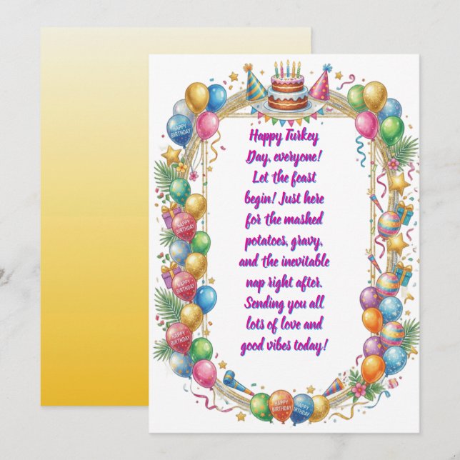 Tarjeta de cumpleaños del Día del Pavo con acuarel (Anverso / Reverso)