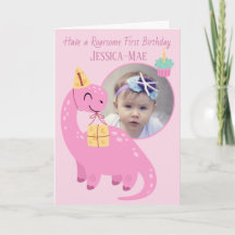 Tarjeta de cumpleaños del dinosaurio rosa 1er cump