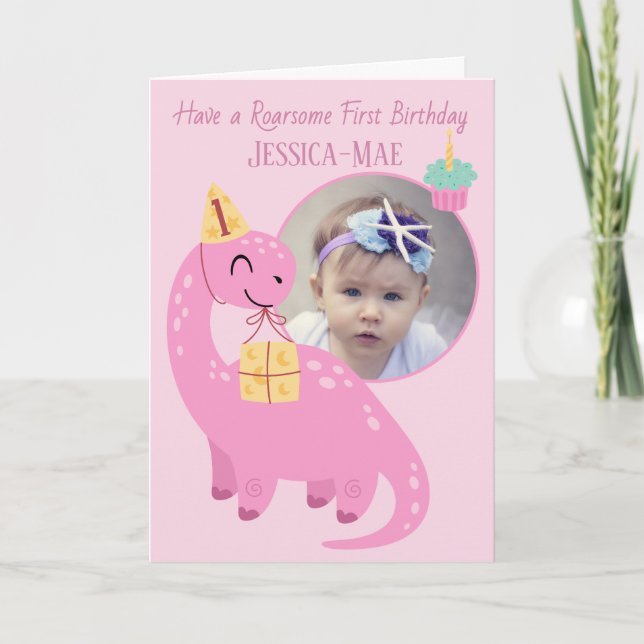 Tarjeta de cumpleaños del dinosaurio rosa 1er cump (Anverso)