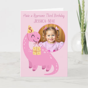 Tarjeta de cumpleaños del dinosaurio rosa 3er cump