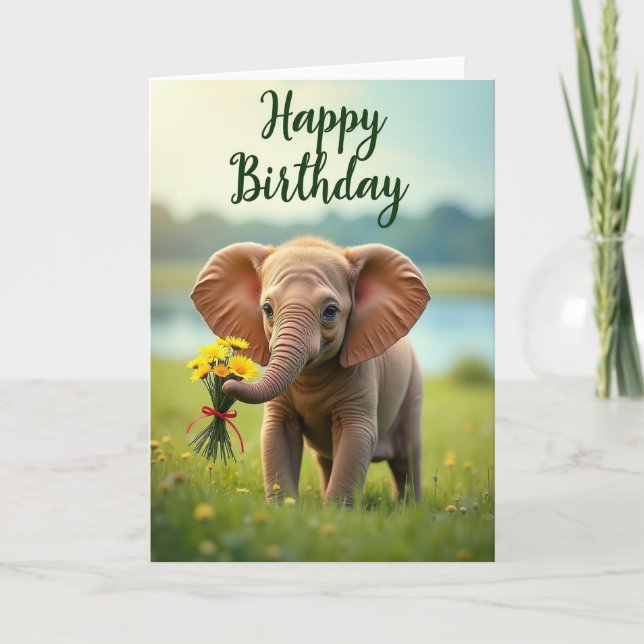 Tarjeta de cumpleaños del elefante del prado alegr (Anverso)