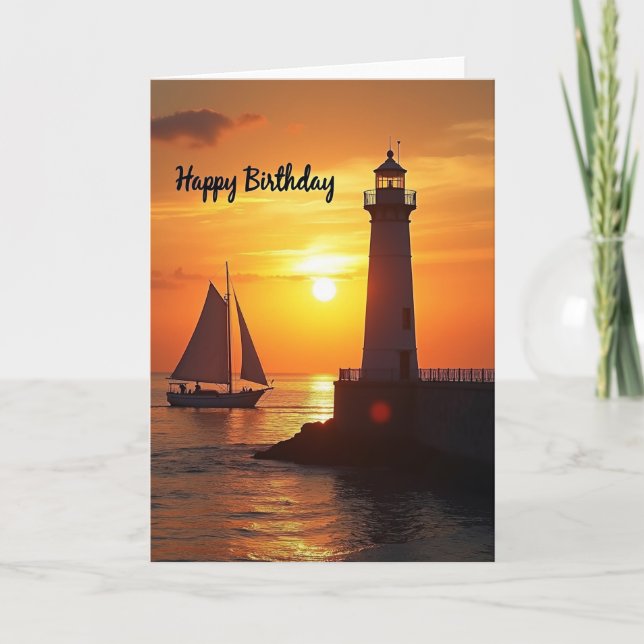 Tarjeta de cumpleaños del Faro del Atardecer Dorad (Anverso)
