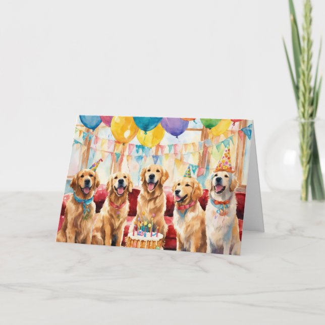 Tarjeta de cumpleaños del Fiesta Golden Retriever (Anverso)