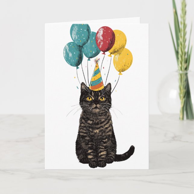 Tarjeta de cumpleaños del gato del fiesta - Gato n (Anverso)