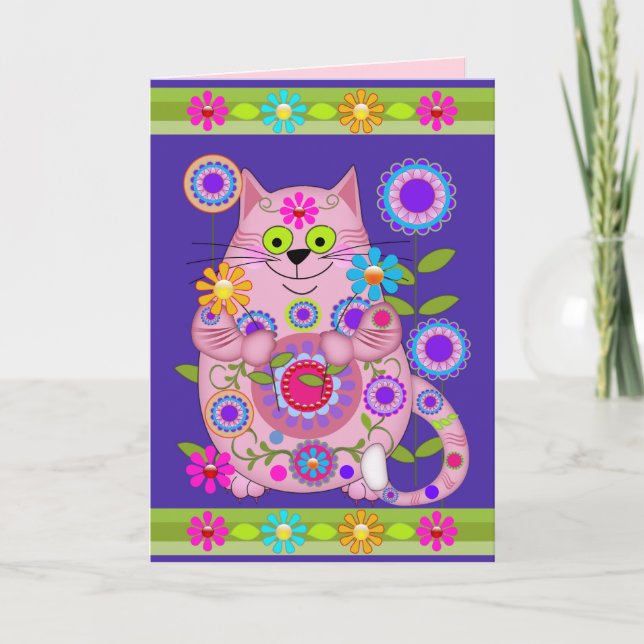 Tarjeta de cumpleaños del gato del flower power (Anverso)