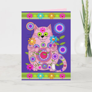 Tarjeta de cumpleaños del gato del flower power