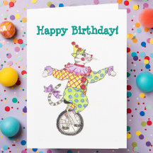 Tarjeta de cumpleaños del gato del payaso del