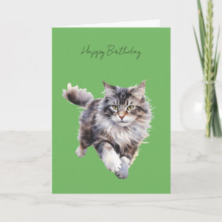 Tarjeta de cumpleaños del gato gris esponjoso corr