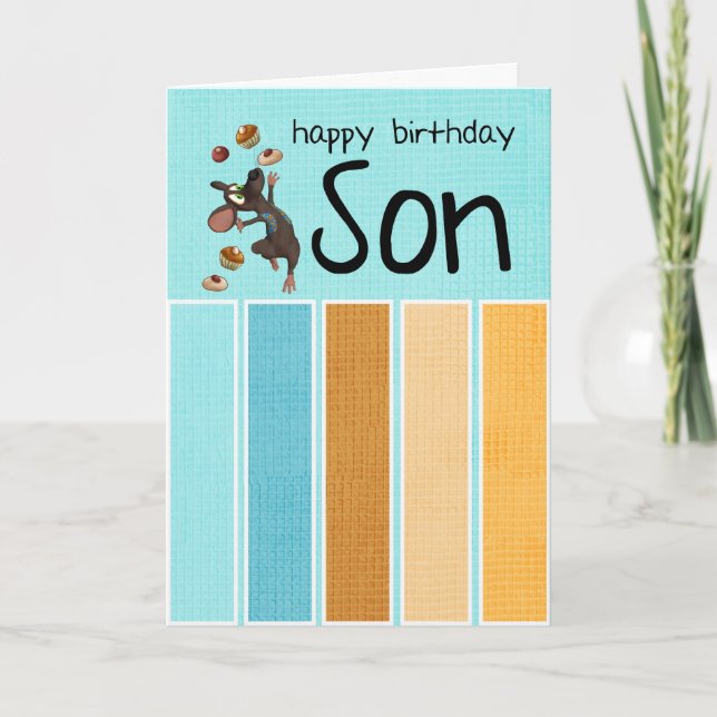 tarjeta de cumpleaños del hijo con la torta y el (Anverso)