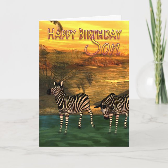 Tarjeta De Cumpleaños Del Hijo Zebras En El Agua (Anverso)