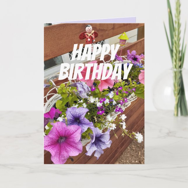 Tarjeta de cumpleaños del jardín de Petunias Púrpu (Anverso)