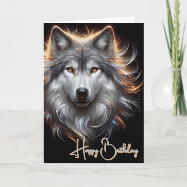 Tarjeta de cumpleaños del lobo gris feliz (Anverso)
