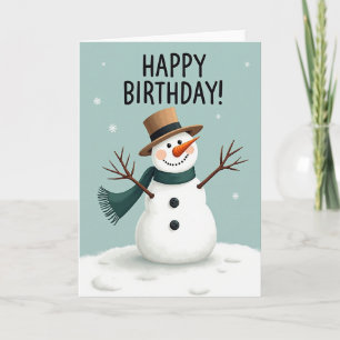 Tarjeta de cumpleaños del muñeco de nieve de invie