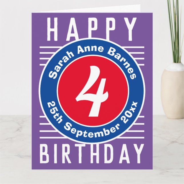 Tarjeta de cumpleaños del niño con edad, nombre y  (Anverso)