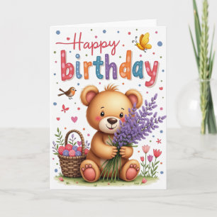 Tarjeta de cumpleaños del oso de peluche lavanda