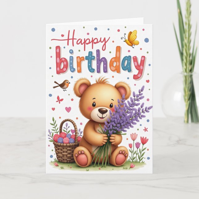 Tarjeta de cumpleaños del oso de peluche lavanda (Anverso)