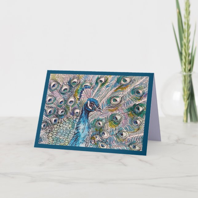 Tarjeta de cumpleaños del pavo real azul acuarela  (Anverso)