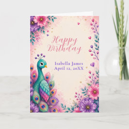 Tarjeta de cumpleaños del pavo real rosa