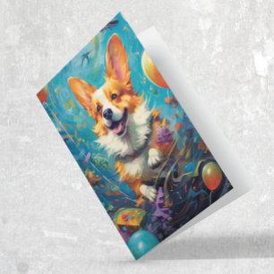 Tarjeta de cumpleaños del perro Corgi con globos