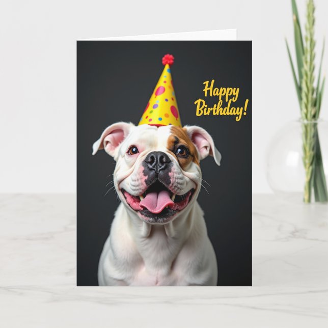 Tarjeta de cumpleaños del perro manchado alegre (Anverso)