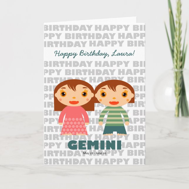 Tarjeta de cumpleaños del Rótulo Gemini Zodiac (Anverso)
