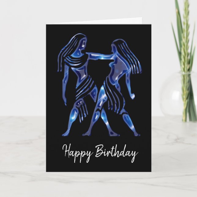Tarjeta de cumpleaños del signo Géminis azul (Anverso)