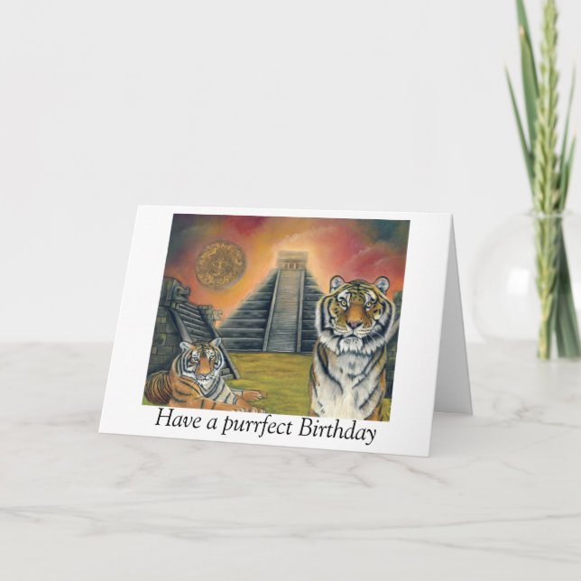 Tarjeta de cumpleaños del templo maya y tigres (Anverso)