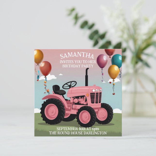 Tarjeta de cumpleaños del tractor rosa lindo (Anverso de pie)