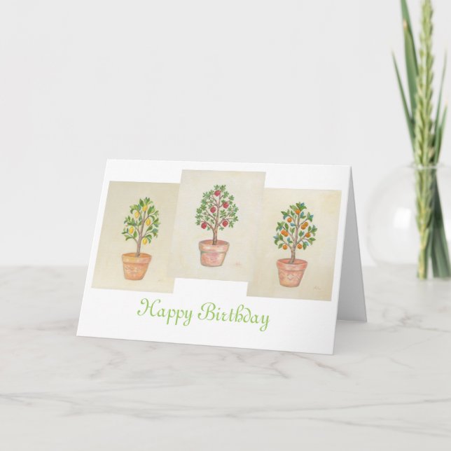 Tarjeta de cumpleaños del trío del árbol frutal (Anverso)