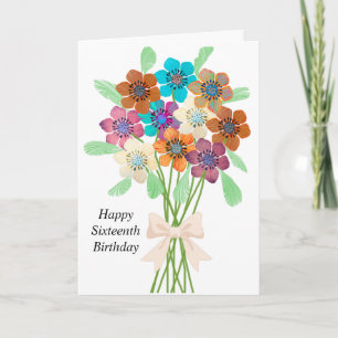 Tarjeta de cumpleaños dieciséis con ramo de flores