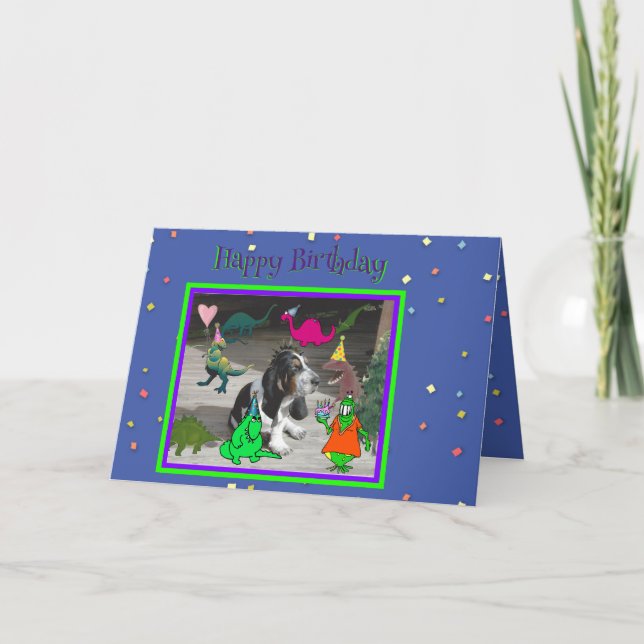 Tarjeta de cumpleaños divertida con dinosaurios y  (Anverso)