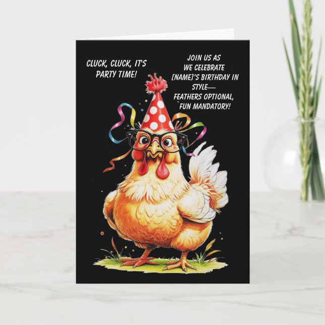 Tarjeta de cumpleaños divertida con pollo elegante (Anverso)