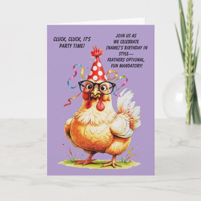 Tarjeta de cumpleaños divertida con pollo elegante (Anverso)