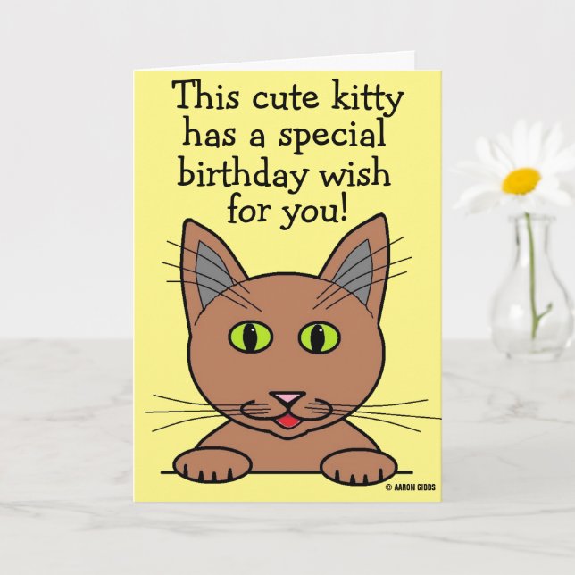 Tarjeta de cumpleaños divertida con un gato lindo (Planta pequeña)