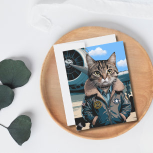 Tarjeta de cumpleaños divertida de gato piloto y a