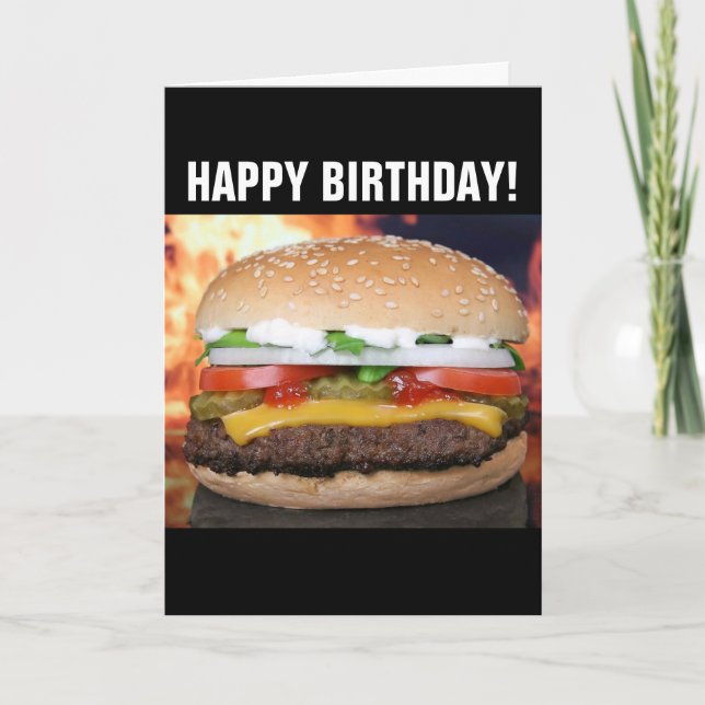 TARJETA DE CUMPLEAÑOS DIVERTIDA DE HAMBURGUESA CON (Anverso)