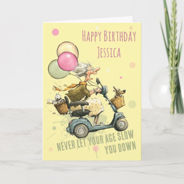 Tarjeta de cumpleaños divertida de scooter de movi (Anverso)