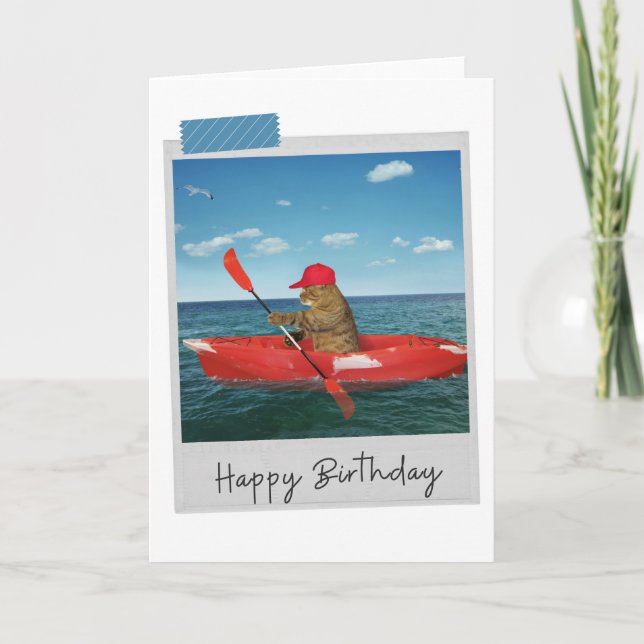 Tarjeta de cumpleaños divertida de Sea Kayak Cat (Anverso)