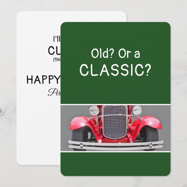 Tarjeta de cumpleaños divertida de un auto antiguo (Anverso / Reverso)