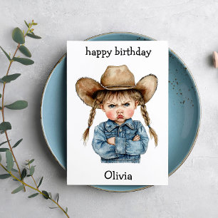 Tarjeta de cumpleaños divertida de vaquera bebé