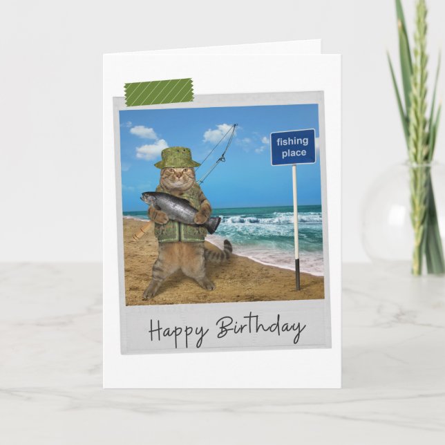 Tarjeta de cumpleaños divertida para gato de pesca (Anverso)