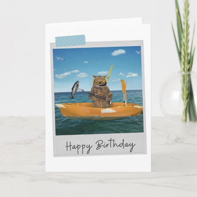 Tarjeta de cumpleaños divertida para gato de pesca (Anverso)