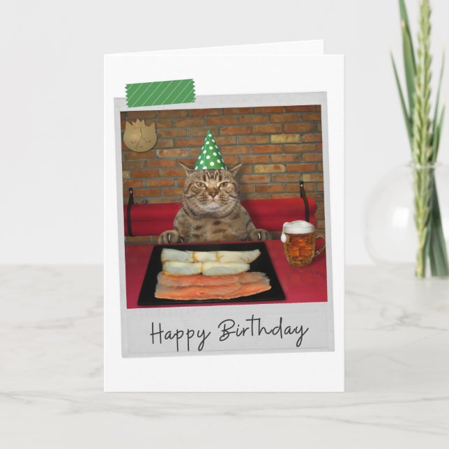 Tarjeta de cumpleaños divertida para gato de Salmo (Anverso)