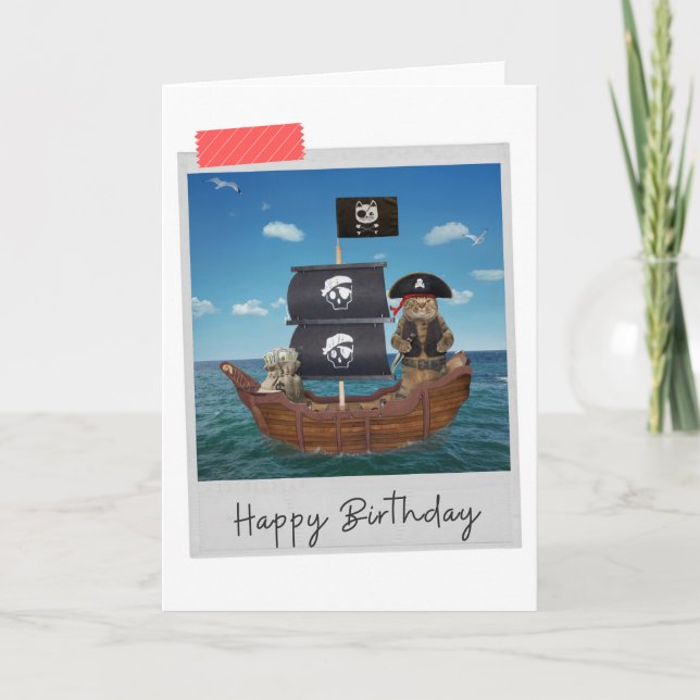 Tarjeta de cumpleaños divertida para gato pirata (Anverso)