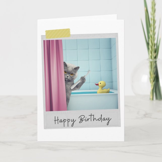 Tarjeta de cumpleaños divertida para gatos grises  (Anverso)