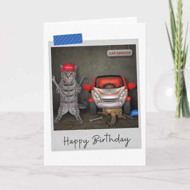 Tarjeta de cumpleaños divertida para gatos mecánic (Anverso)