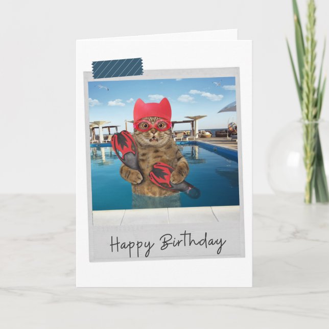 Tarjeta de cumpleaños divertida para nadador Cat (Anverso)